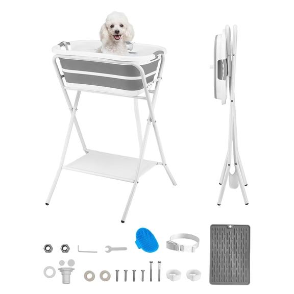 KFFKFF Elevated Dog Bath Tub, 2-in-1 Collapsible Pet Grooming and Bathing Station, Portable Foldable Design with Built-in Drain Outlet and Hose, Space-Saving Solution for Small Pets, Gray & White