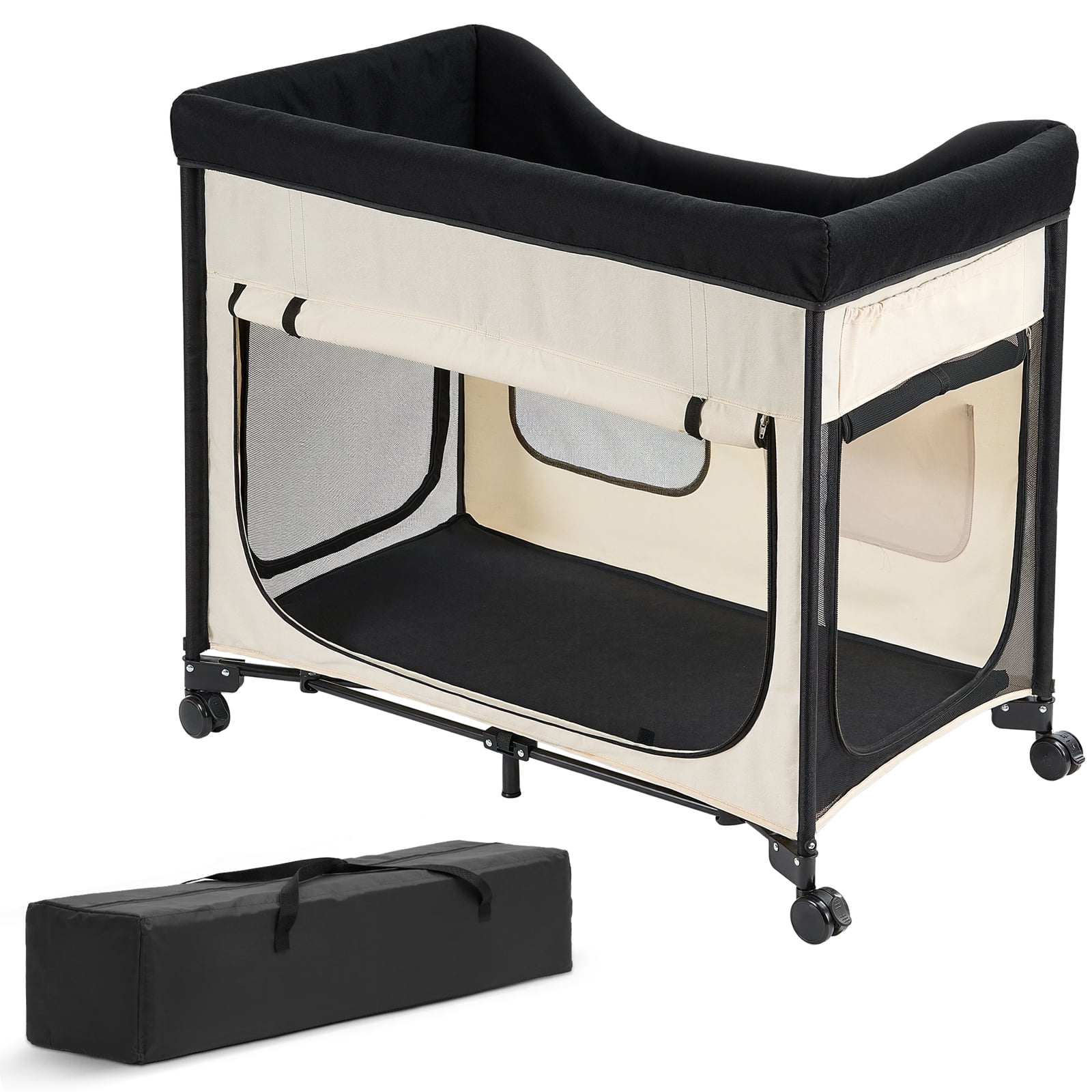 KFFKFF Double-Layer Pet Bed with Wheels, Foldable Dog Bed with Durable Oxford Cloth, Soft Velvet, Side Storage Pockets, and Storage Bag,40" X 23"