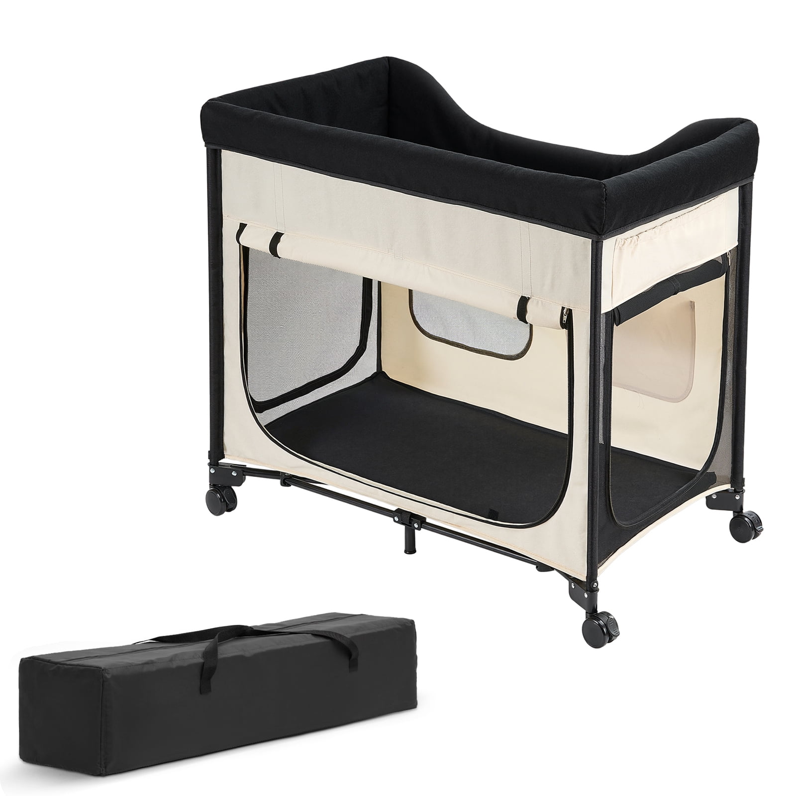 KFFKFF Double-Layer Pet Bed with Wheels, Foldable Dog Bed with Durable Oxford Cloth, Soft Velvet, Side Storage Pockets, and Storage Bag,34" X 22"