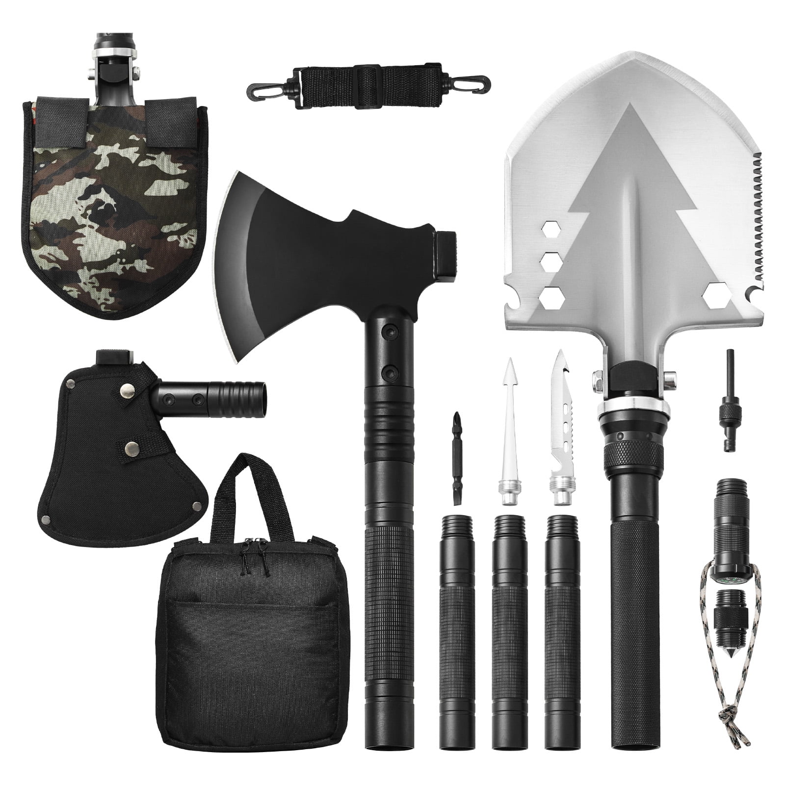 KFFKFF Emergency Preparedness Shovel and Axe, 16-Function Foldable ...