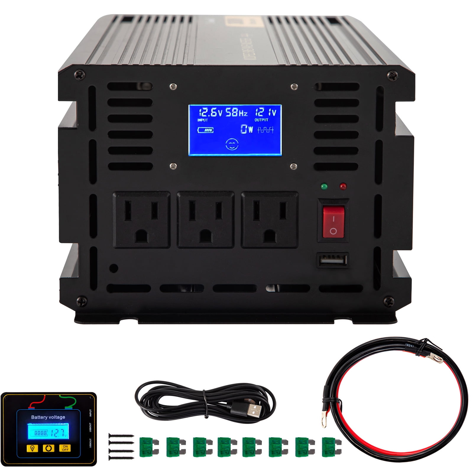 KFFKFF Energy Converter, 2000W Altered Sinusoidal Wave Converter, DC 12V to AC 120V Vehicle Transformer, featuring LCD Screen, Remote Control, LED Signal, AC Sockets Converter