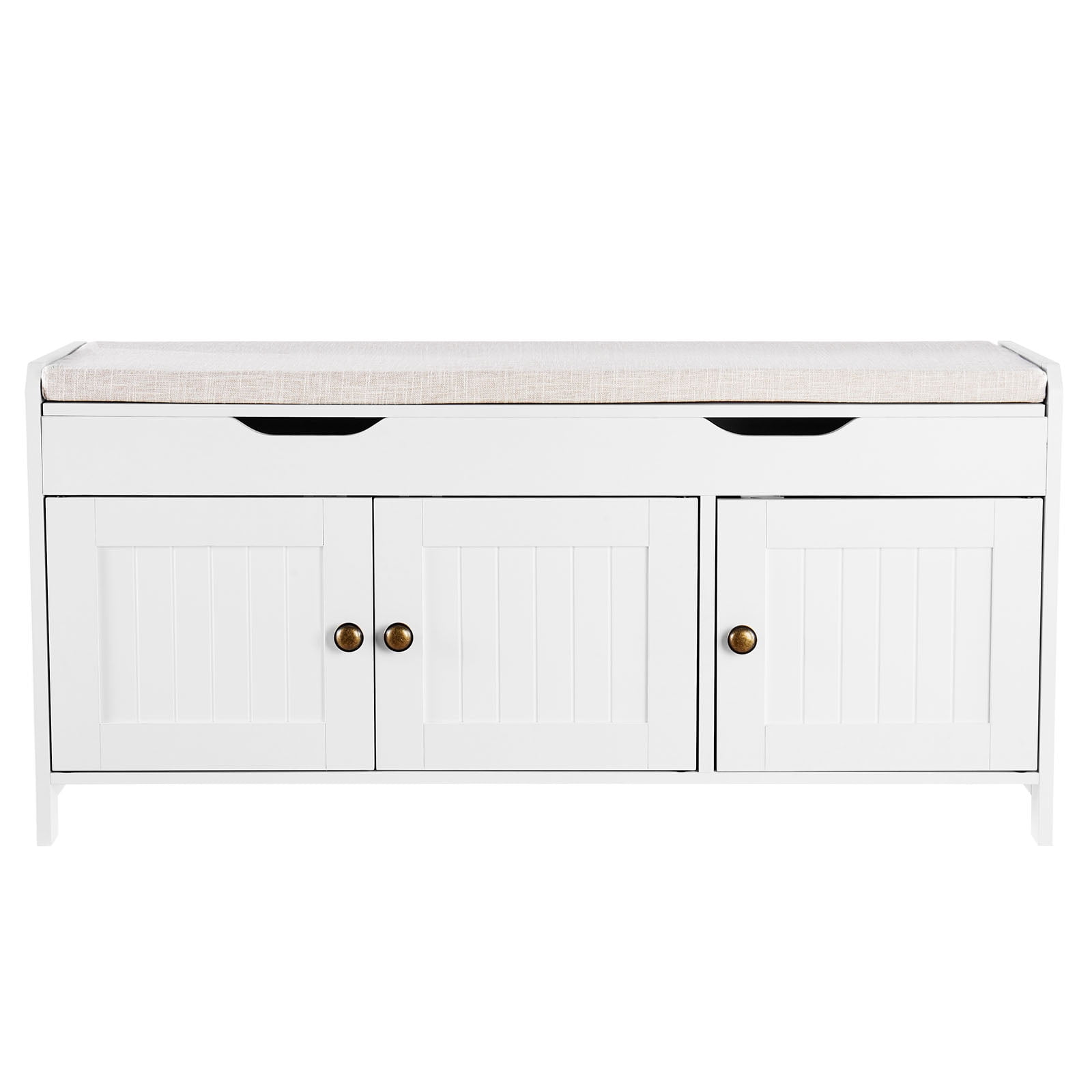 KFFKFF Entryway Bench with Lift-Top Storage, 41.3 x 13.8 x 19.8 Inch Shoe Rack with Cushion, 250lbs Capacity, 3 Cabinets and Adjustable Shelf, for Bedroom or Hallway, White and Black