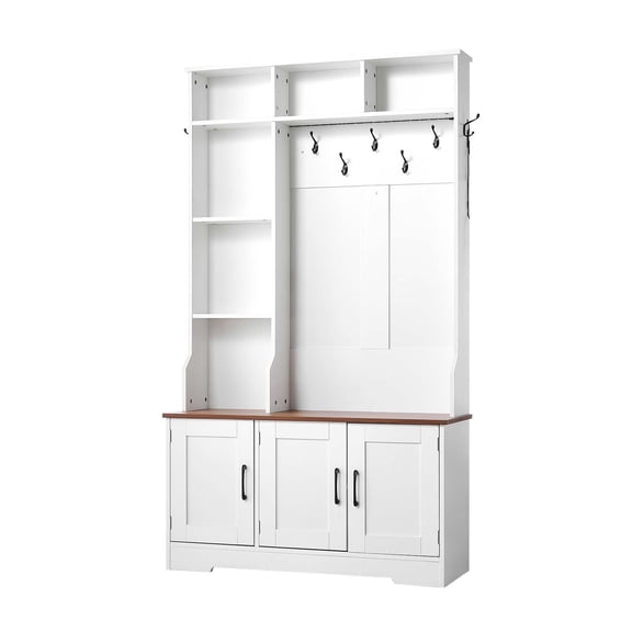KFFKFF Entryway Hall Tree with Bench and Storage, 39" Wide, Includes Hanging Hooks, Adjustable Shoe Shelves, LED Light, Wooden Design, Ideal for Mudroom, Hallway, or Entryway, White