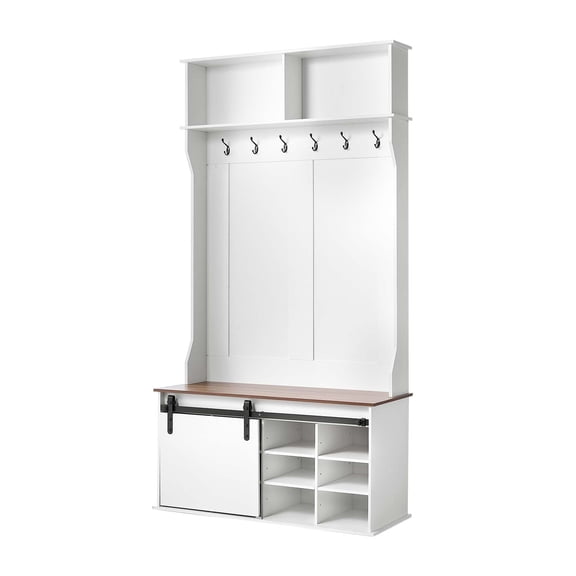 KFFKFF Entryway Hall Tree with Bench and Storage, 42" Wide, Wooden Furniture with Hanging Hooks, Adjustable Shoe Shelves, and Storage Shelves for Mudroom, Hallway, or Entryway, White