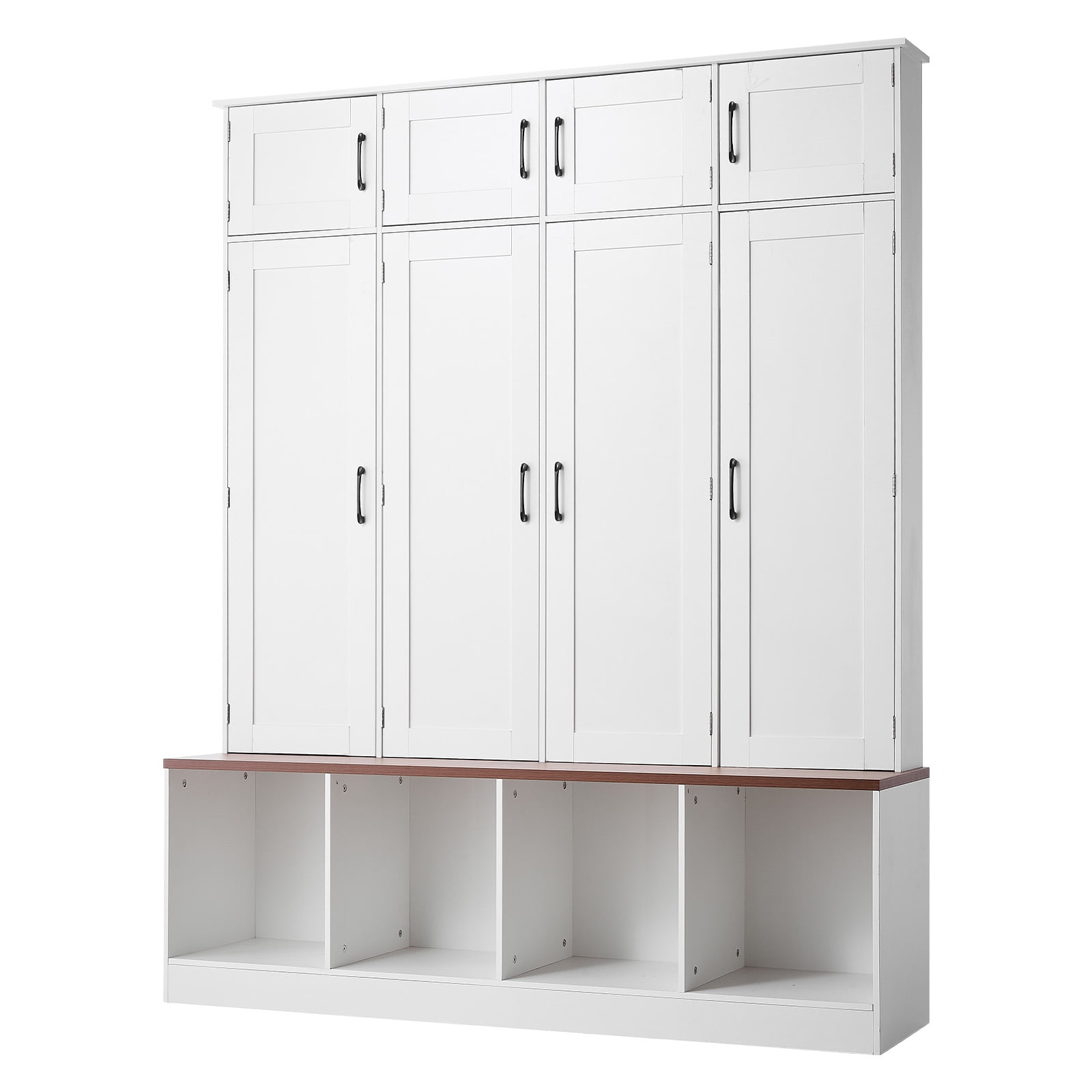 KFFKFF Entryway Hall Tree with Bench and Storage, 59" Wide, 4-in-1 Design Featuring Bench, Hooks, Storage Cabinet, and Shoe Organizer, Wooden Furniture for Mudroom, Hallway, and Entryway, White