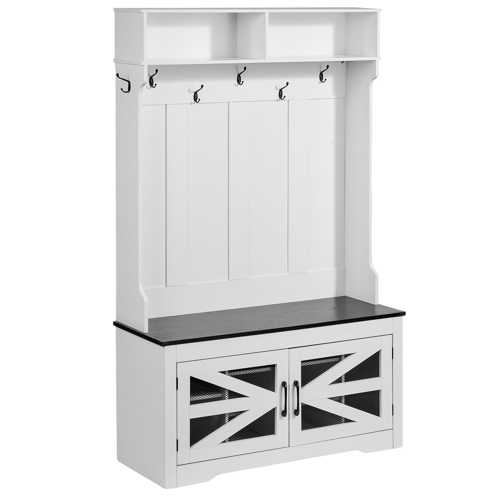 KFFKFF Entryway Organizer, Multifunctional Wood Hall Tree with Seating and Footwear Compartment, Ivory Coat Stand with Adjustable Shelving and 7 Hooks, Foyer Furnishing with USB Illumination