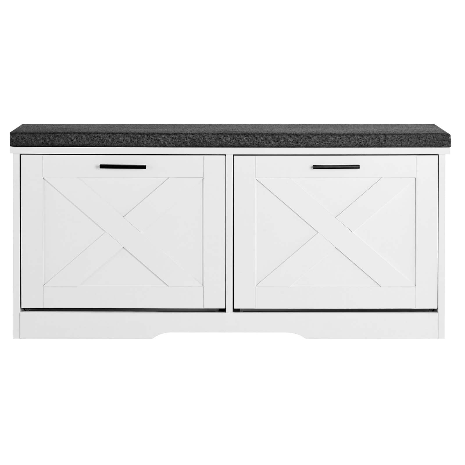 KFFKFF Entryway Shoe Storage Bench, 39.4 x 12.0 x 18.7 Inch Organizer with Flip Drawers, 440lbs Capacity Shoe Rack Bench with Cushion & Flip Doors, for Hallway, Living Room, Bedroom, Black and White