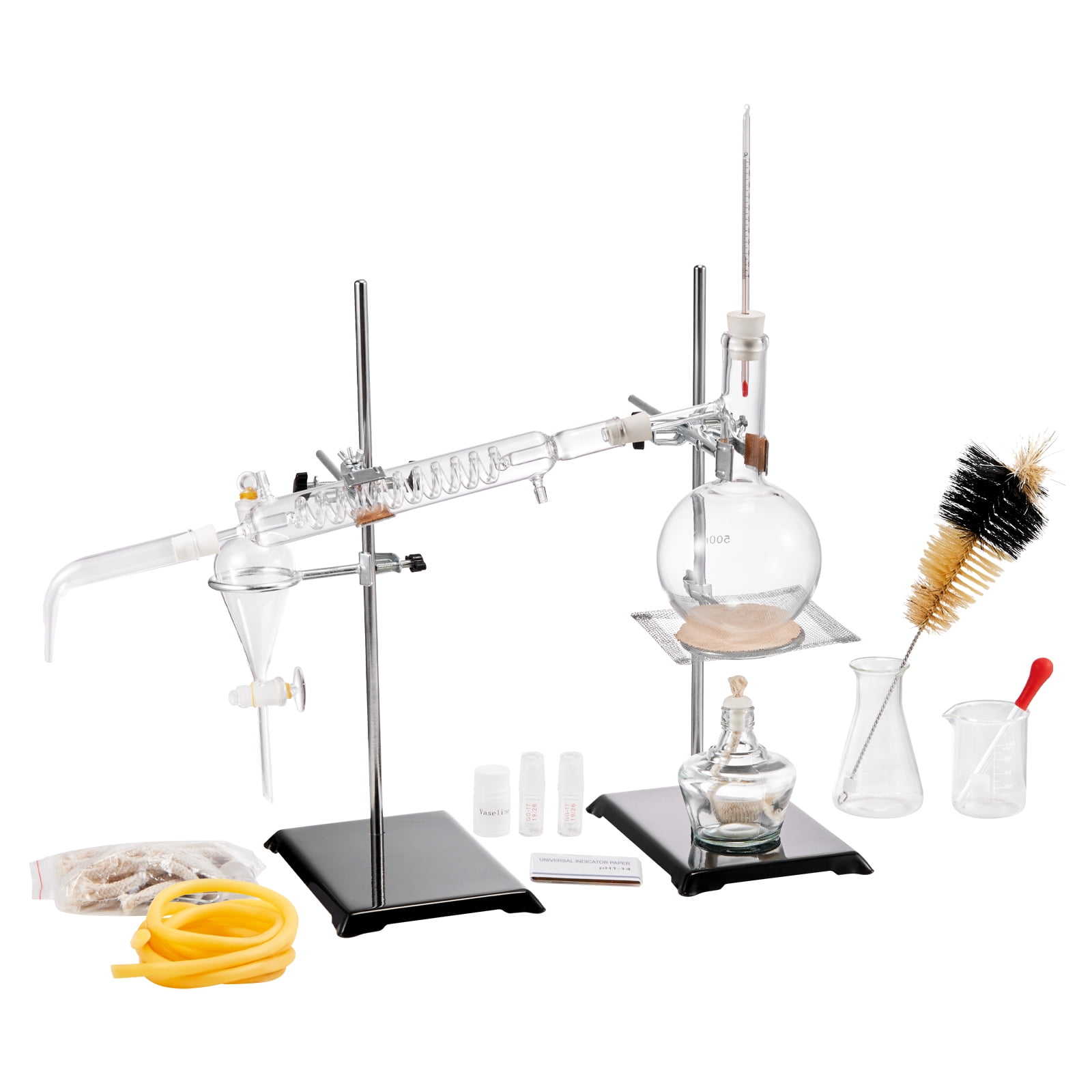 KFFKFF Essential Oil Distillation Equipment, 500ml Glassware Set, Includes 3.3 Boro Laboratory Glass, Alcohol Burner, Ceramic Mesh, 24/40 Joint, 28 Piece Kit