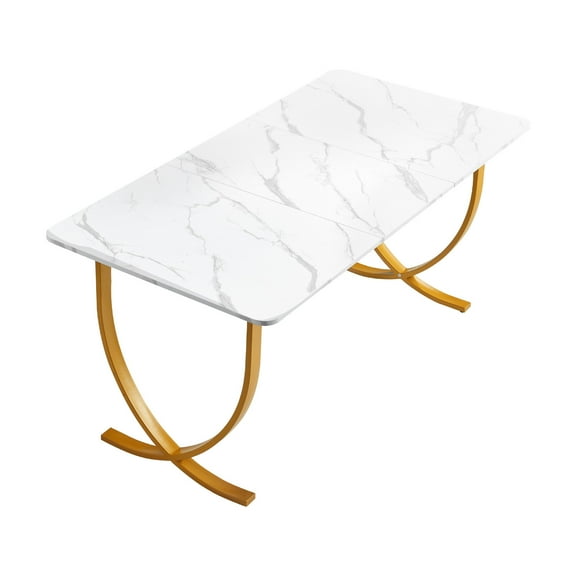 KFFKFF Executive Desk, 63" W x 31.5" D Spacious Office Desk, Contemporary Computer Table for Conference or Workspace, Business Furniture with Expanded Surface for Home or Office, White and Gold