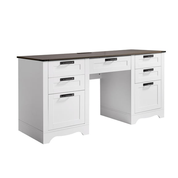 KFFKFF Executive Desk with Charging Station, Sturdy Office Table with Storage Drawers, 200 LBS Weight Capacity, Durable Particle Board Construction, Easy to Assemble, Ideal for Work, Study