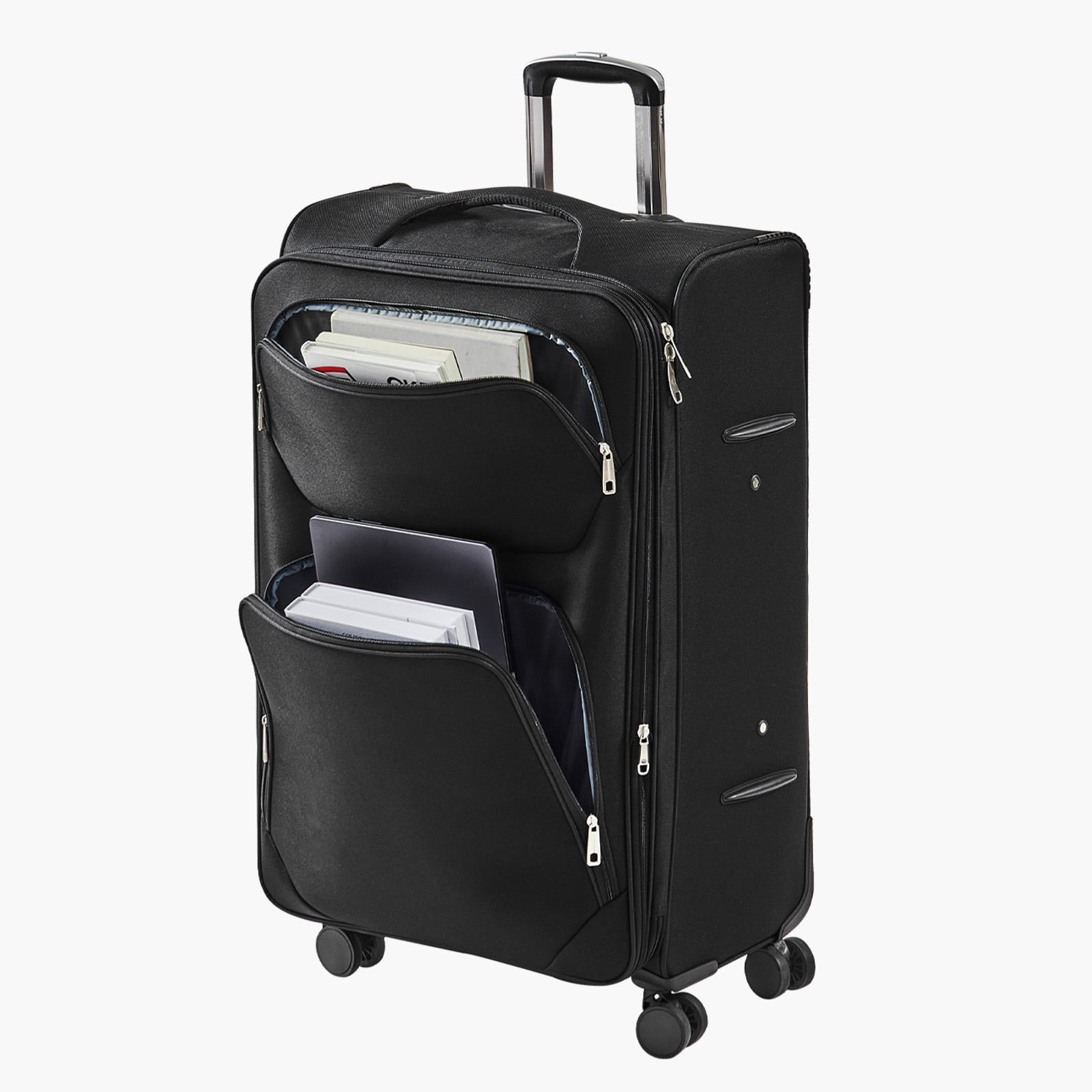 KFFKFF Expandable 28-Inch Softside Luggage with Spinner Wheels, Lightweight Checked Suitcase Featuring TSA Lock and Extra Zippered Pocket, Black