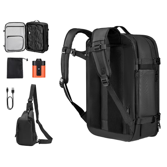 KFFKFF Expandable 65L Travel Backpack with Vacuum Compression, TSA Lock, Water-Resistant Carry-On Bag with Pump, Ideal for Business Trips, Black