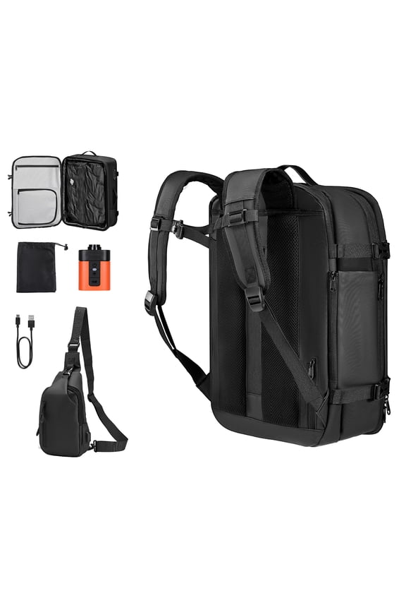 Expandable 65L Travel Backpack with Vacuum Compression, TSA Lock, Water-Resistant Carry-On Bag with Pump, Ideal for Business Trips, Black