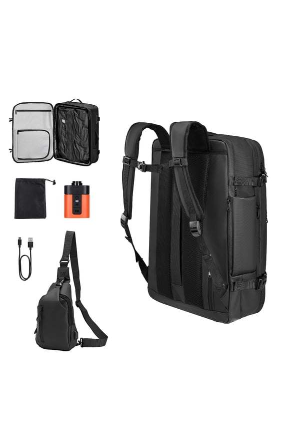 Expandable 80L Travel Backpack with Vacuum Compression, Includes Pump, TSA-Approved Lock, Water-Resistant Carry-On Bag for Business and Travel, Black