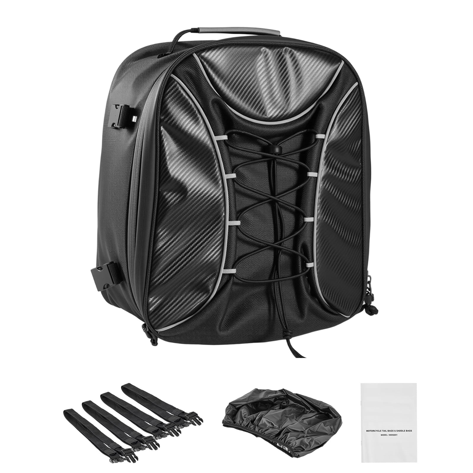 KFFKFF Expandable Motorcycle Tail Bag, 22-34 L Rear Seat Storage with Waterproof Cover, Multi-Functional Motorbike Luggage Backpack with Straps, Pockets & Elastic Cord, Black