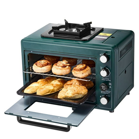KFFKFF Exterior Cooker, Dual-Function Portable Propane Camp Cooker Oven Combination, Modifiable Flame, 60-Minute Countdown, Resistant to Wind, Includes BBQ Rack and Baking Pan