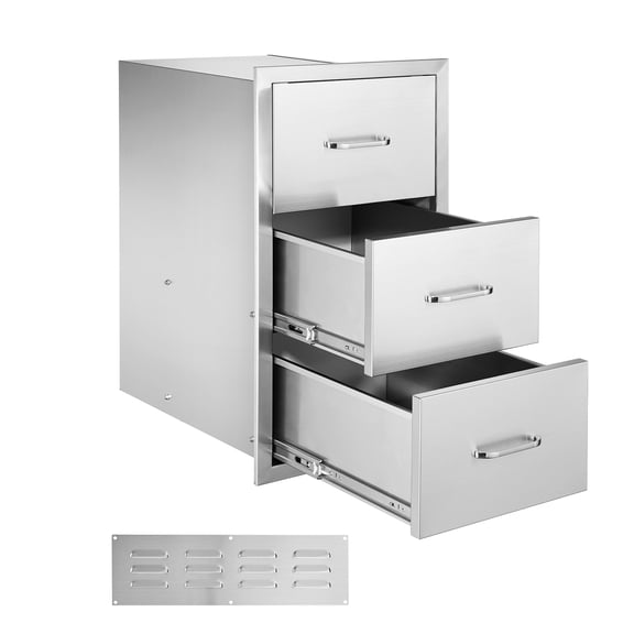KFFKFF Exterior Cooking Space Drawers, Dimensions 16.5"W x 29"H x 20.5"D, Triple Entry Drawers, Stainless Steel Inset Cabinets, BBQ Island Storage Drawers with Paper Towel Dispenser & Handle