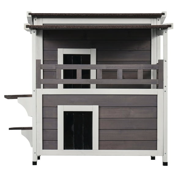 KFFKFF Exterior Feline Abode, Weather-Resistant, Accommodates Numerous Cats, Dual-Level Spacious Outdoor Timber Feline Residence with Terrace, Entrances, PVC Entry Covers and Detachable Top