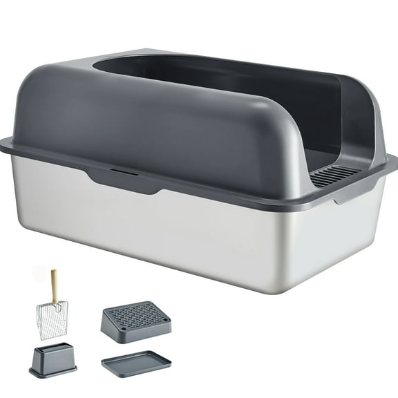 KFFKFF Extra Large Stainless Steel Cat Litter Box, 6-Inch Deep Design with Scoop, High Sides & Wide Filtering Foot Board, Enclosed and Easy to Clean, Ideal for Large Cats