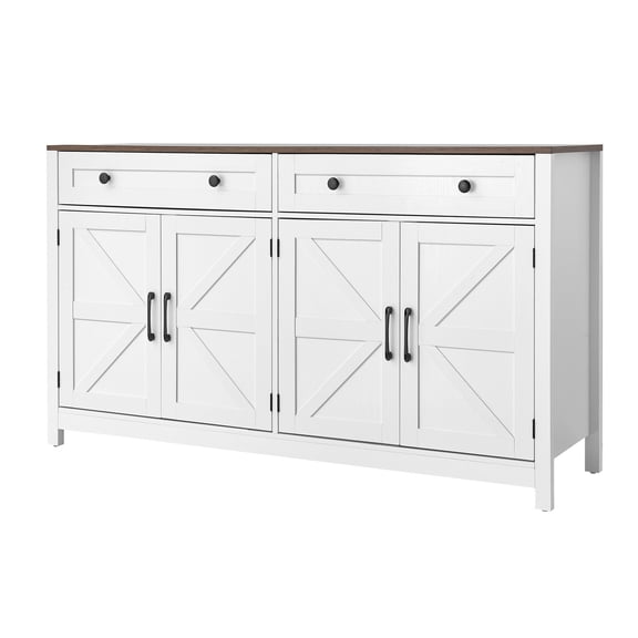 KFFKFF Farmhouse Coffee Bar Cabinet with Storage, Buffet Table Featuring 2 Drawers and 4 Sliding Barn Doors, Sideboard Station for Kitchen, Living Room, or Entryway, 55.1 x 15.5 x 31.5 in, White