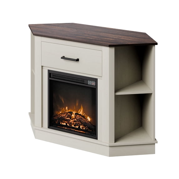 KFFKFF Farmhouse Fireplace TV Stand with Electric Heater, Entertainment Center for TVs up to 50 Inches, Includes 18-Inch Fireplace, LED Lighting, Storage Drawers, and Cabinets