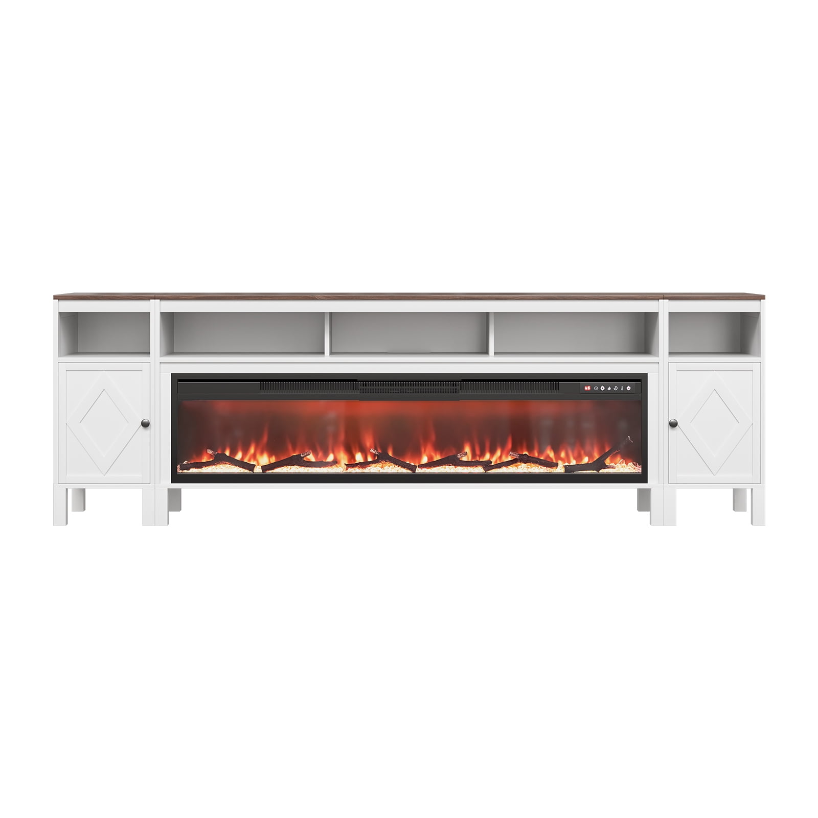 KFFKFF Farmhouse Fireplace TV Stand for TVs up to 100 Inches, Entertainment Center with 60-Inch Electric Fireplace & Storage Drawers, Remote-Controlled, White Finish