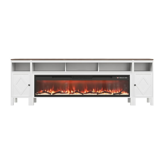 KFFKFF Farmhouse Fireplace TV Stand for TVs up to 100 Inches, Entertainment Center with 60-Inch Electric Fireplace & Storage Drawers, Remote-Controlled, White Finish