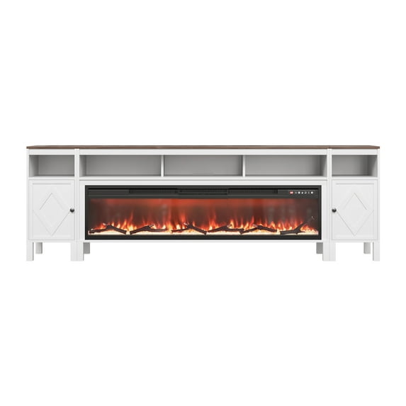 KFFKFF Farmhouse Fireplace TV Stand for TVs up to 100 Inches, Entertainment Center with 60-Inch Electric Fireplace & Storage Drawers, Remote-Controlled, White Finish