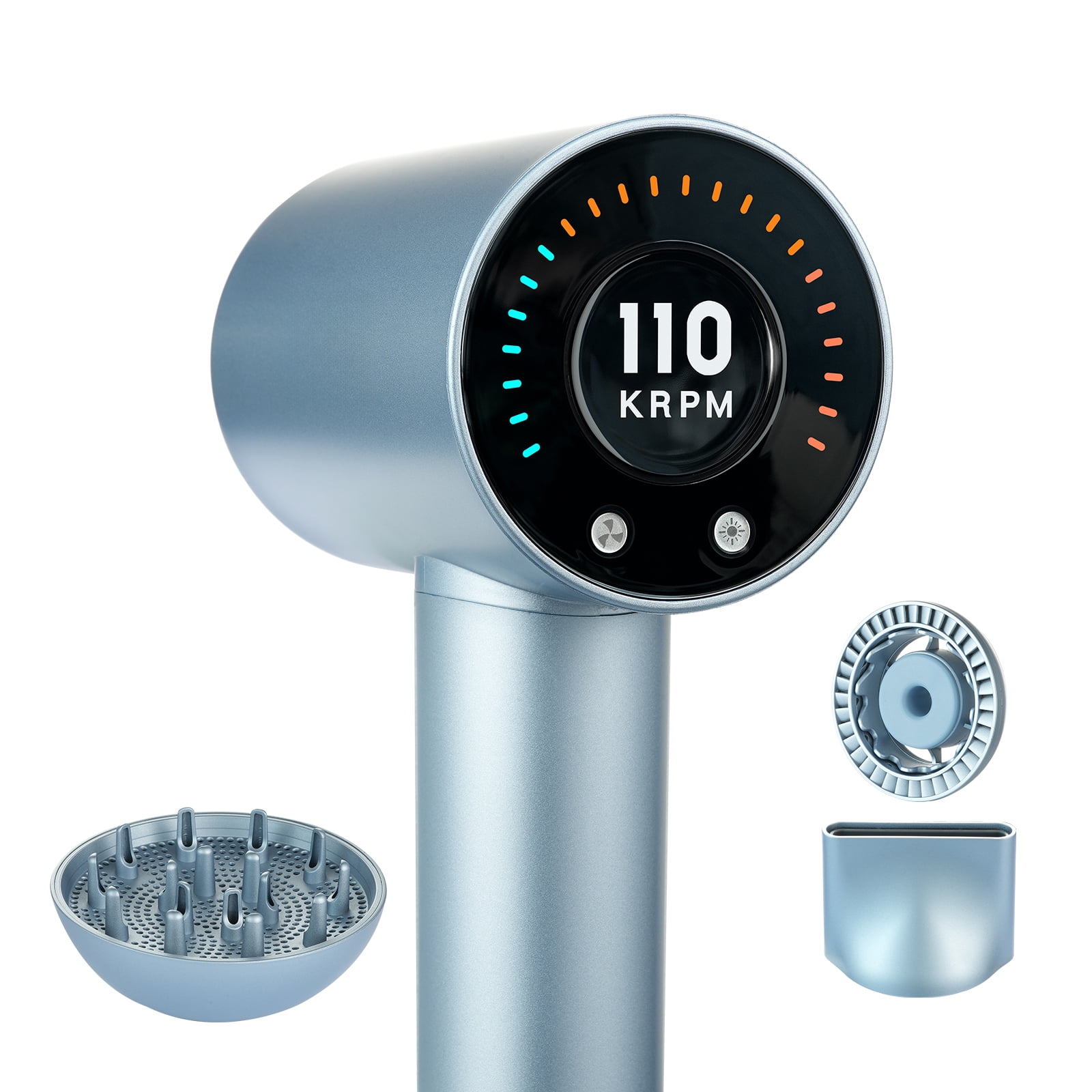 KFFKFF Fast Hair Dryer featuring a 105,000RPM Brushless Motor, generates 200 Million Negative Ions, offers 4 Temperature Settings & 3 Speeds, includes an LCD Display for Heat Monitoring