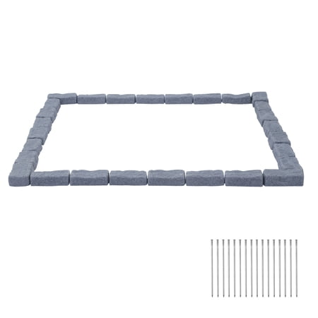 KFFKFF Faux Stone Garden Edging Kit, 15.5 ft No-Dig Border for Lawns, Flower Beds, and Yards, 4 Sections with 6 Bricks Each, 46.46"L x 3.74"W x 2.24"H, Includes 16 Spikes & 4 Corner Pieces, Gray