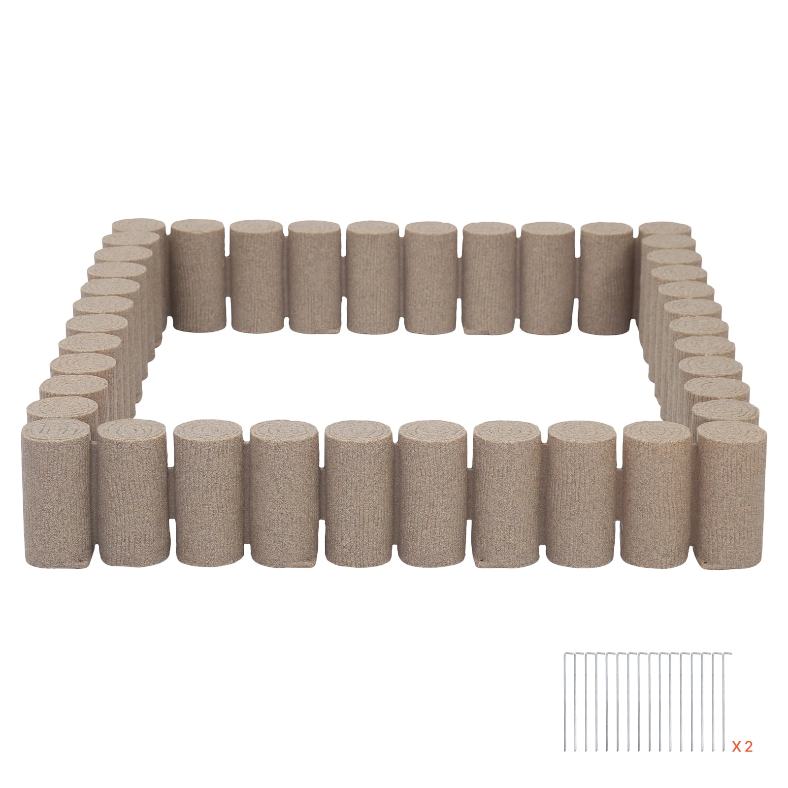 KFFKFF Faux Wood Garden Edging Kit, 13.7 ft No-Dig Border for Lawns, Flower Beds, Pathways, and Yards, 4 Sections with 10 Logs Each (41.14"L x 3.74"W x 7.48"H), Includes 32 Spikes, Beige