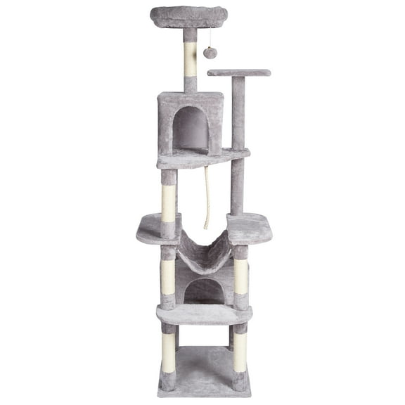 KFFKFF Feline Haven: 72" Indoor Cat Climbing Tower, Dual Kitty Condos, Sisal Post, Hammock, Observation Spot, Play Levels, Spacious Cat Playhouse with Toy Ball, Light Grey