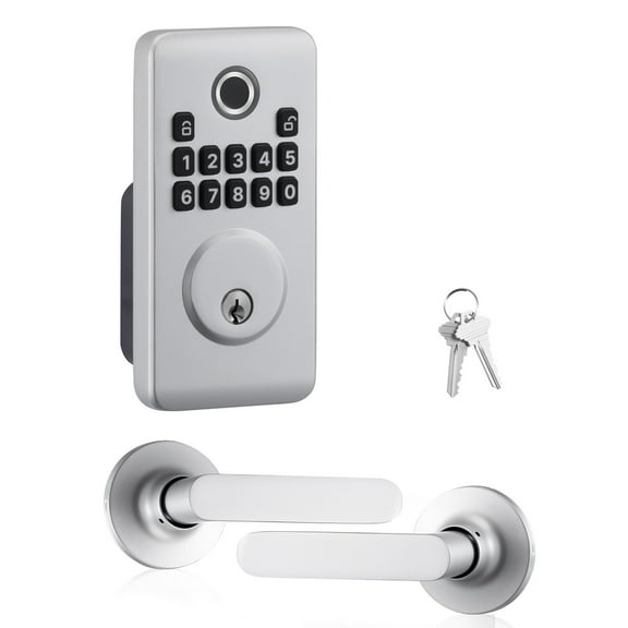 KFFKFF Fingerprint Door Lock Set, Electronic Biometric Deadbolt with Handle, Ergonomic Grip Design, Keyless Entry, Auto Locking, Temporary Code, Privacy Protection Password, Ideal for Home, Silver