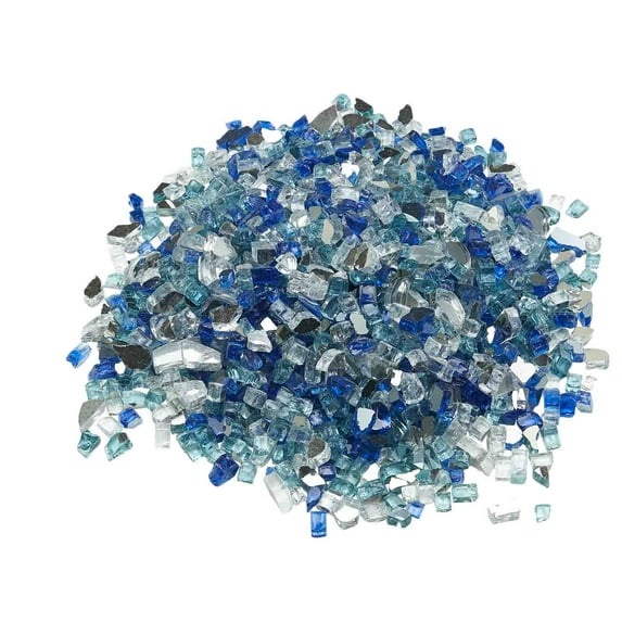 KFFKFF Fire Glass, 10 LBS / 4.5 KG Decorative Fireplace Rocks, 1/2-Inch / 12.7 mm Reflective Glass Stones, Durable & Smokeless Design for Fire Pit Table, Cobalt Blue + Aqua Blue + Clear