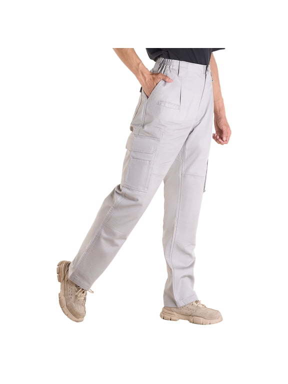 Flame-Resistant Men's Cargo Pants, 9 oz 100% Cotton, Durable Workwear with Multiple Pockets and Elastic Waist, Tear-Resistant Stitching, Suitable for Welding and Everyday Use, L Size, Gray