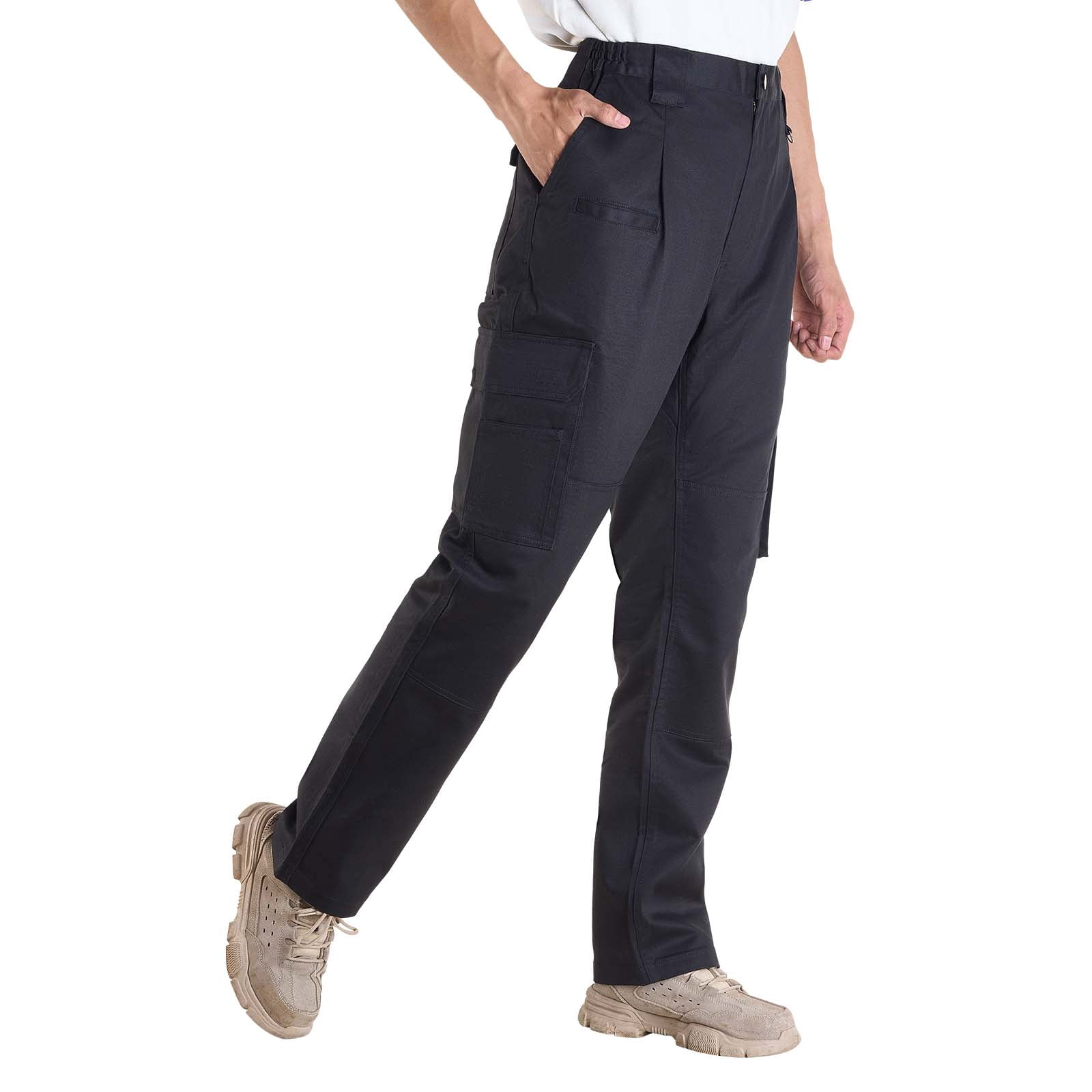 KFFKFF Flame-Resistant Men's Pants, 9 oz 100% Cotton, Durable Cargo Design with Multiple Pockets and Elastic Waistband, Reinforced Stitching for Welding and Everyday Use, L Size, Black