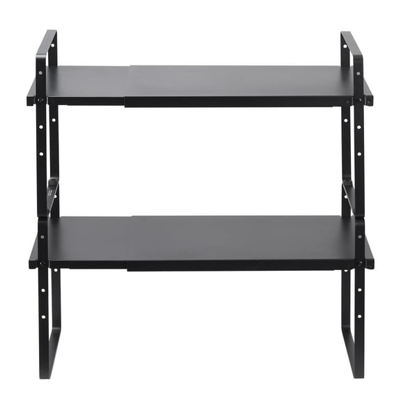KFFKFF Flexible Kitchen Cabinet Storage, 2 Level Expandable Cabinet Organizer, Stackable Shelf for Countertop Storage, Shelf Elevators for Kitchen, Bathroom, and Office Use, Black