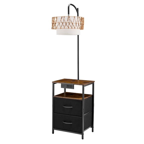 KFFKFF Floor Lamp with Integrated Table, 2-Tier End Table Featuring Drawers and Adjustable LED Bulb, Stylish Nightstand with USB, Type-C, and AC Charging Ports for Living Spaces and Bedrooms