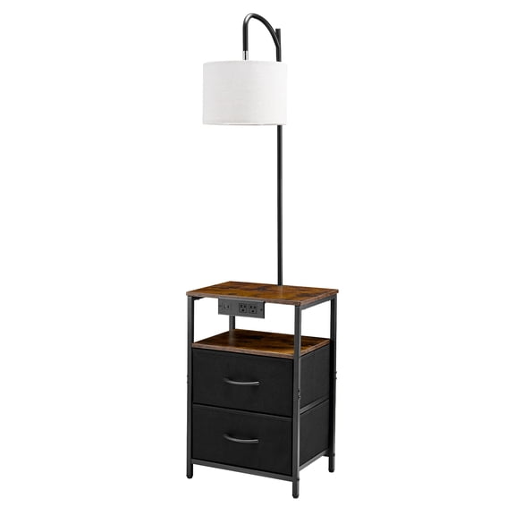 KFFKFF Floor Lamp with Integrated Table, Two-Tier End Table Featuring Dual Drawers and Adjustable Lighting in Three Color Modes, Stylish Nightstand with USB, Type-C, and AC Charging Ports for Living