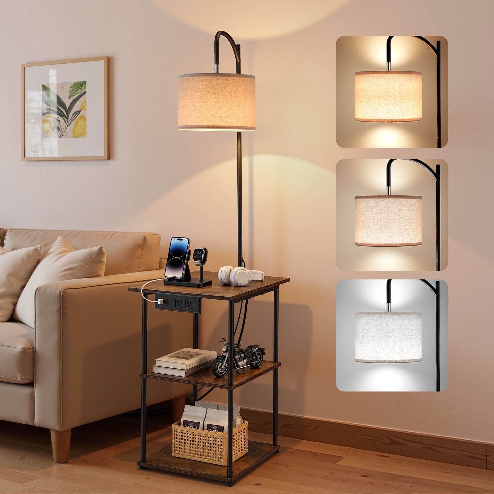 KFFKFF Floor Lamp with Table, 14“*19.7”, 3-Tier End Table with Charging Station, 3-Mode Lighting, Perfect for Living Room, Bedroom, or Dorm