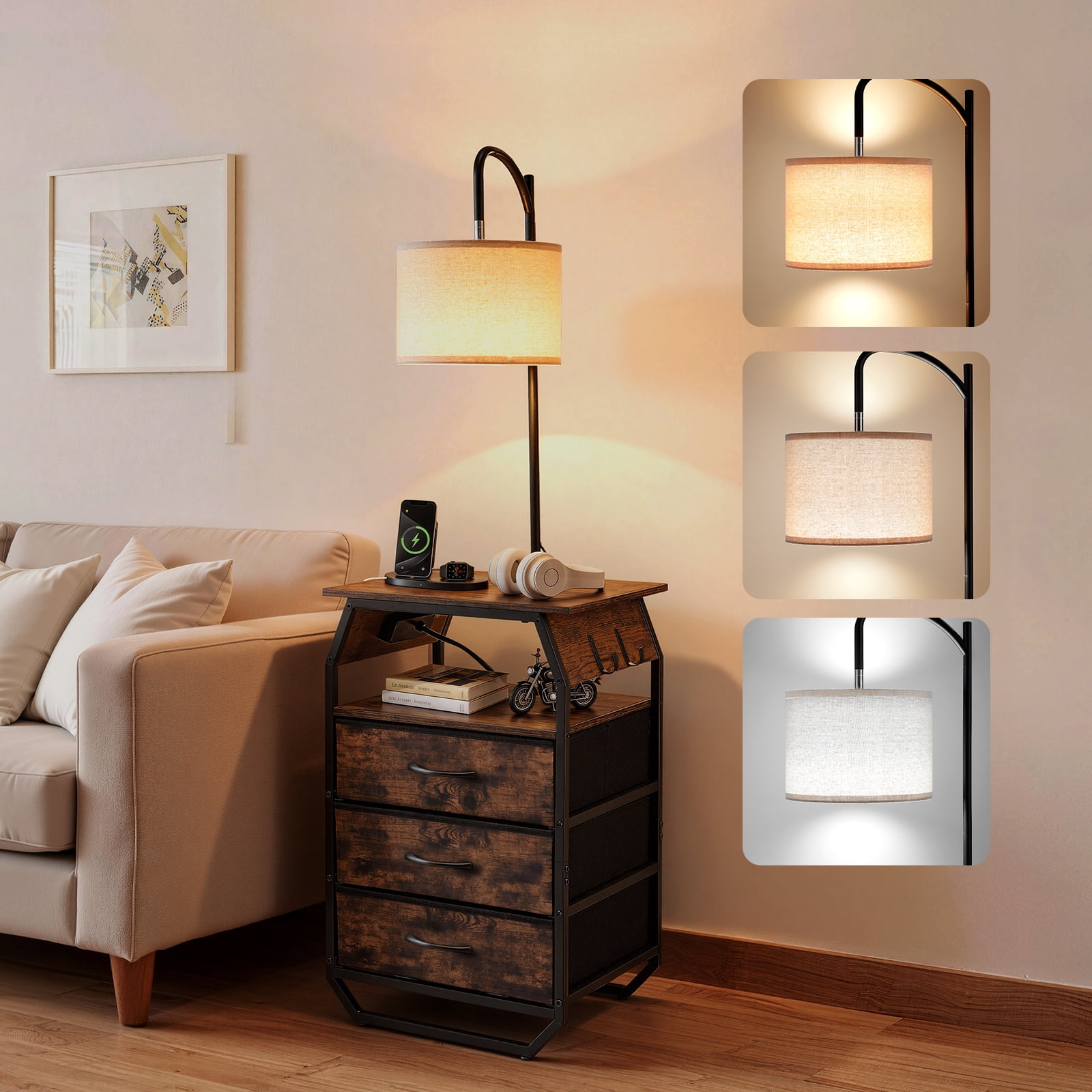 KFFKFF Floor Lamp with Table, End Table Featuring Charging Station, 3 Drawers and Adjustable Lighting, Perfect for Living Room, Bedroom, or Dorm