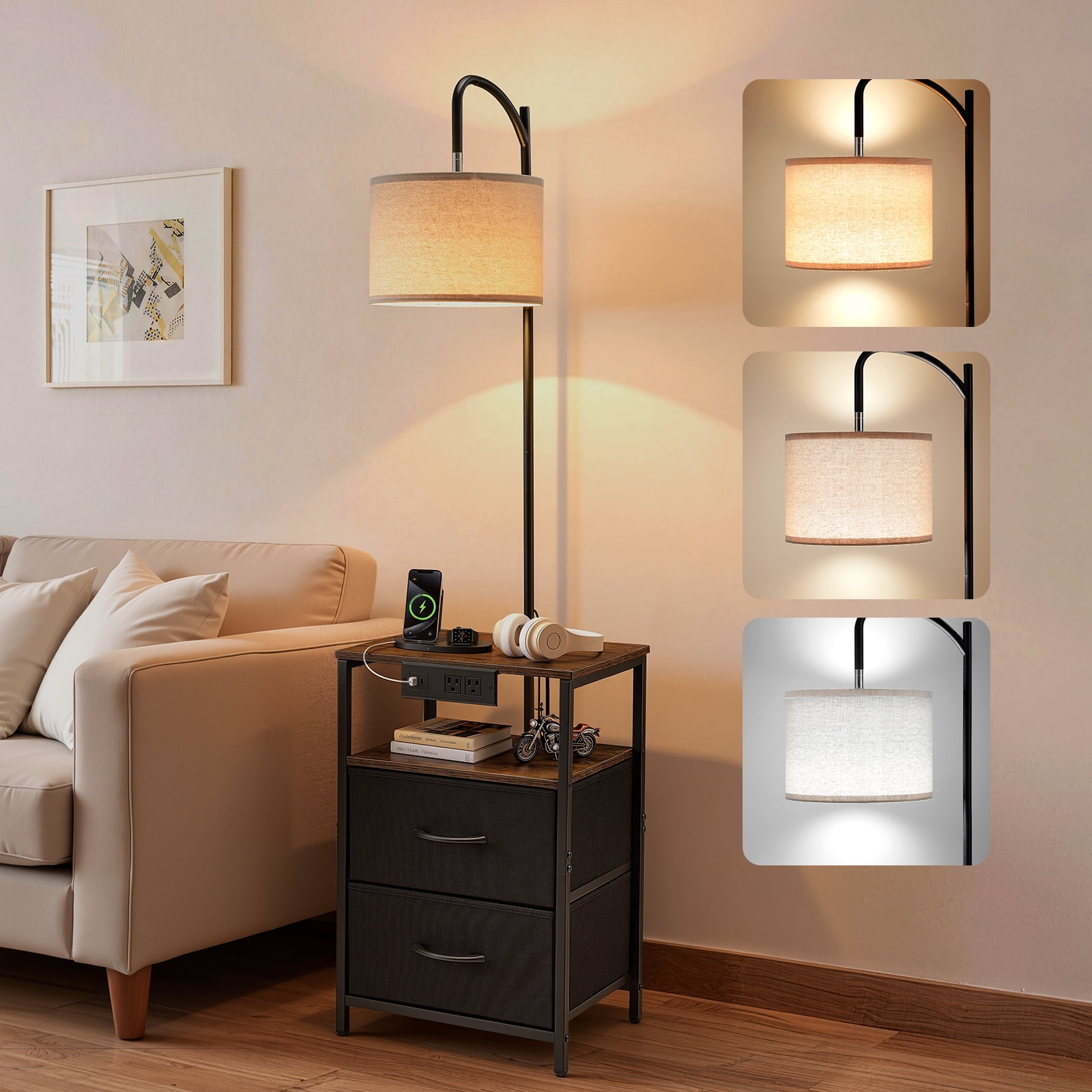 KFFKFF Floor Lamp with Table, End Table with Charging Station, 2 Drawers and Adjustable Lighting, Perfect for Living Room, Bedroom.