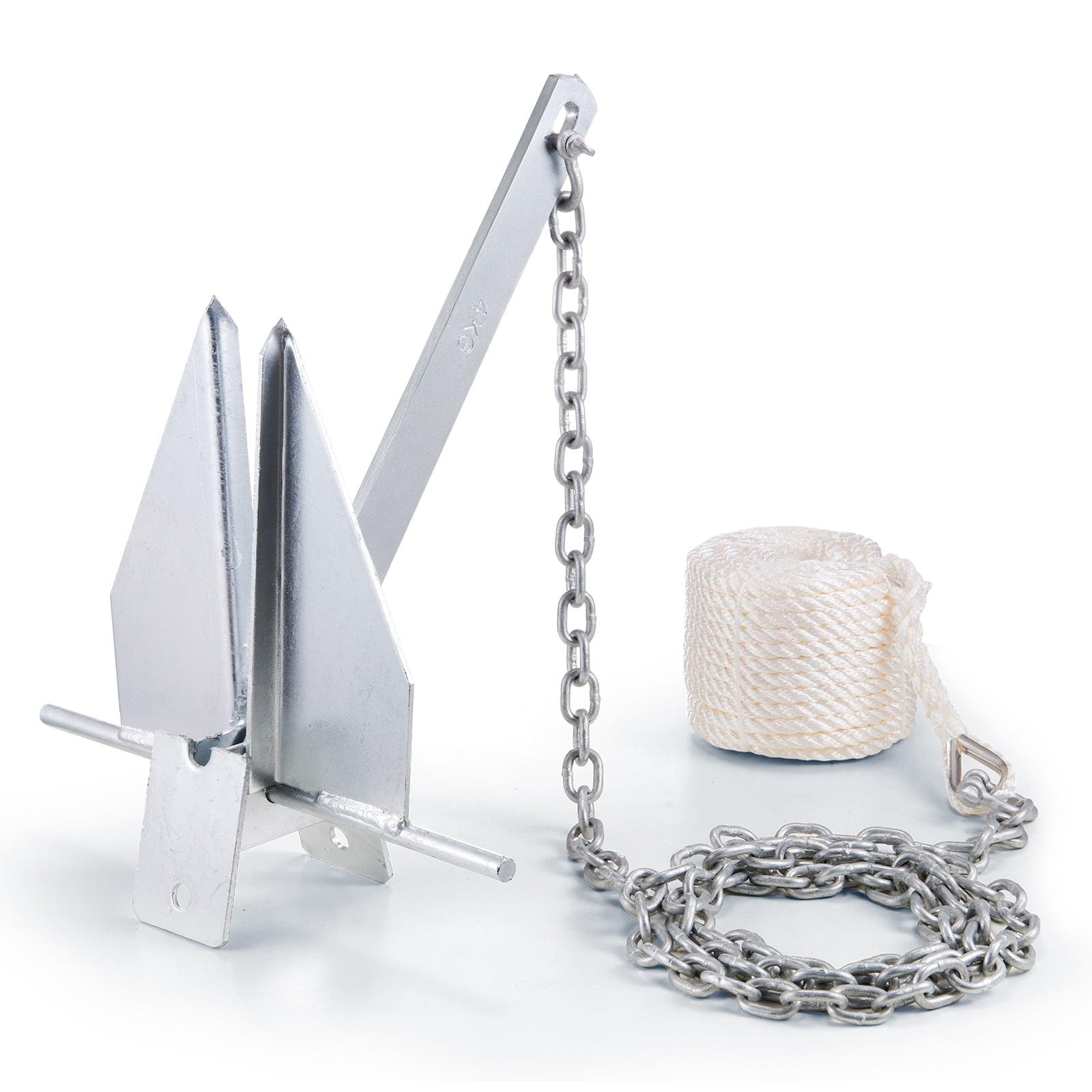 KFFKFF Fluke Design Anchor Set, 8.5 LBS Galvanized Steel Anchor with 7.9' Chain, 75' Rope & Two 0.4" Shackles, Suitable for Boats Under 18', for Use in Seas, Rivers & Coastal Areas