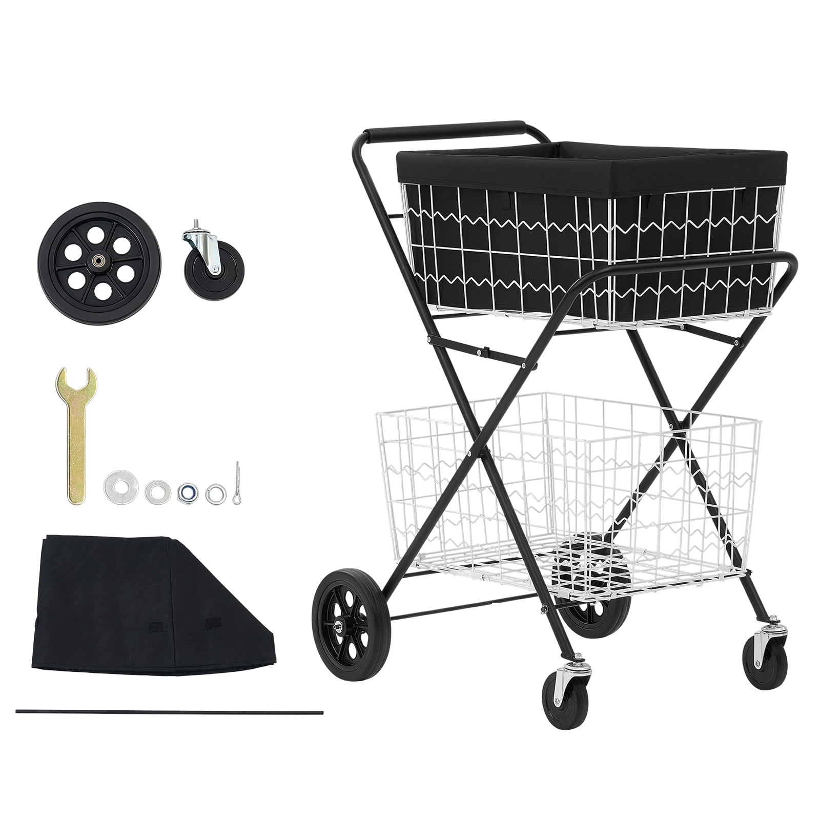 KFFKFF Foldable 2-Tier Shopping Cart with Wheels, 88lbs Capacity, Utility Cart with Detachable Storage Baskets and 360° Swivel Wheels for Groceries, Warehouse, and Supermarket Use