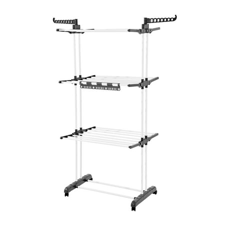 KFFKFF 4-Tier Clothes Drying Rack, Sturdy Laundry Drying Rack with Wheels and 24 Rods, Wings Foldable, Clothes Hanger for Indoor and Outdoor