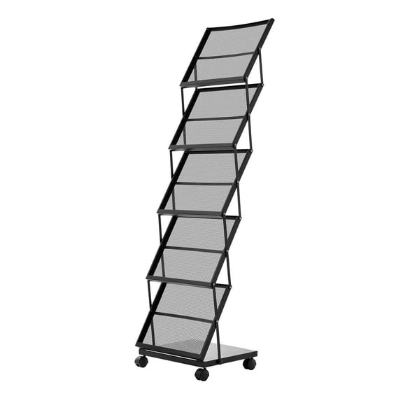 KFFKFF Foldable 5-Pocket Magazine Display Rack, Mobile Floor-Standing Literature Holder with Wheels, Metal Brochure and Catalog Organizer for Stores, Exhibitions, and Offices