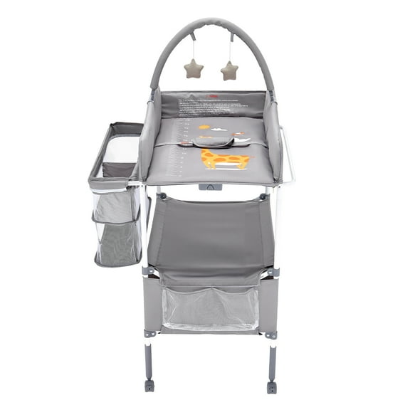 KFFKFF Foldable Baby Changing Table with Adjustable Height, Storage Drawers, Side Basket, Hanging Rod, Lockable Wheels, and Star Toys, Light Gray