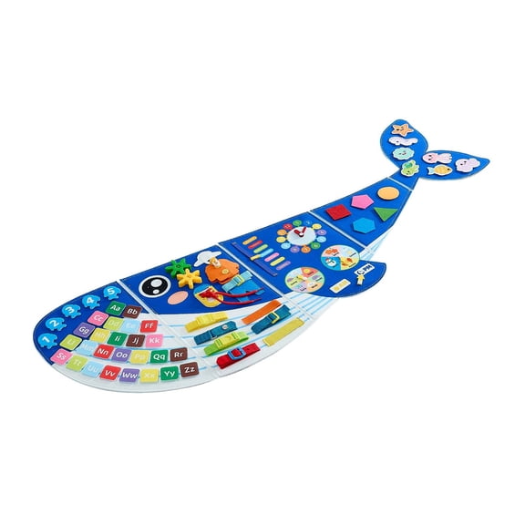 KFFKFF Foldable Felt Wall Activity Board 12-in-1 Whale Design, Montessori-Inspired Sensory Toy for Travel, Daycare, Classroom,Includes Numbers, Letters, Animals, and Shapes for Educational Play