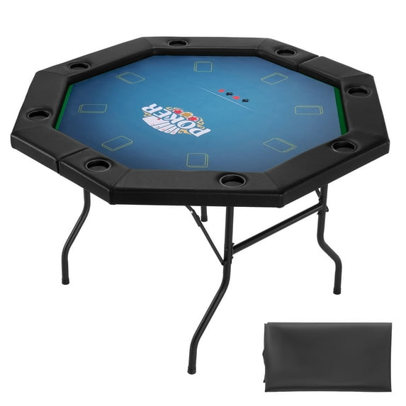 KFFKFF Foldable Poker Table, 8-Player 38-Inch Octagonal Casino Table with Cushioned Rails & Cup Holders, Portable Game Table with Felt Surface & Sturdy Metal Legs, Ideal for Texas Hold'em