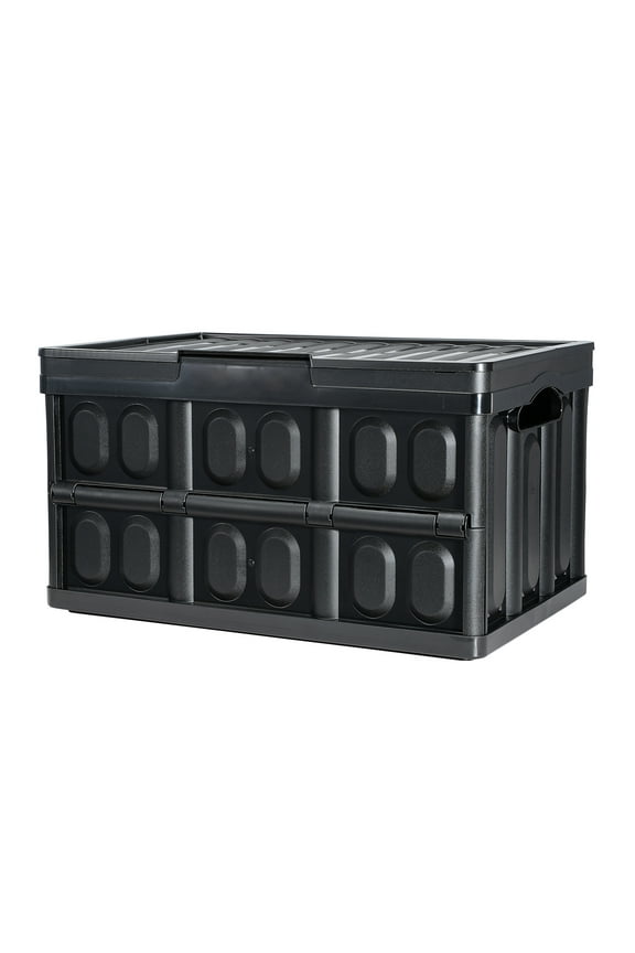 Foldable Storage Boxes with Covers, Trio Set of 45L, Plastic Stacking Utility Baskets with Grips, Robust Large-Sized Bins for Apparel, Playthings, Literature, Treats, Footwear
